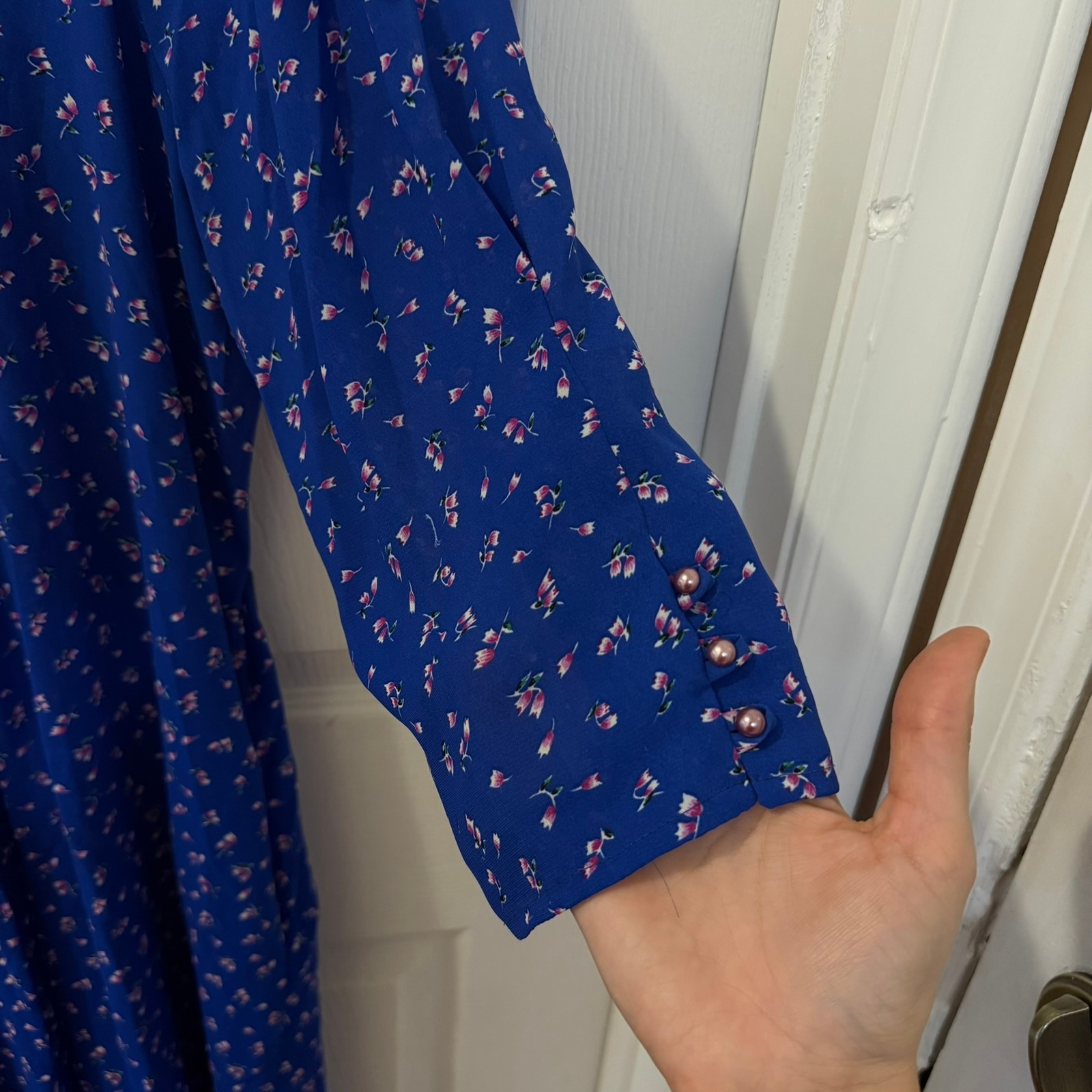 Vintage Secretary Dress Size L Route One Petite Miss Usa Ilgwu Made Blue Floral — image 3 of 8